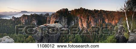Stock Image - Morning shot of the Bastei, Elbe Sandstone Mountains, Saxon Switzerland, Germany. Fotosearch