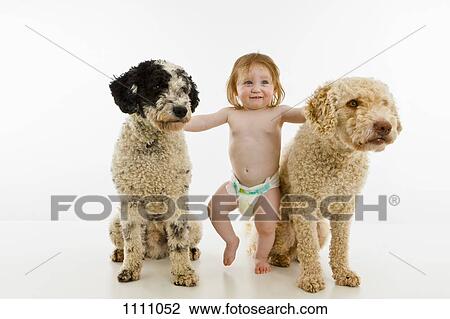 Stock Image - A baby girl with two dogs. Fotosearch
