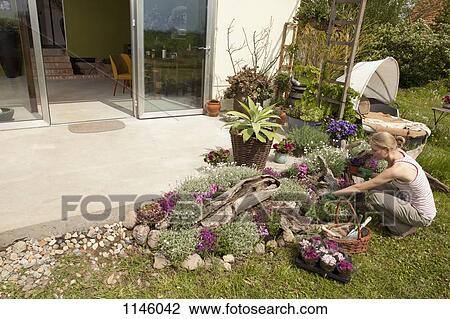 Stock Image - A woman gardening in her back yard, high angle view. Fotosearch