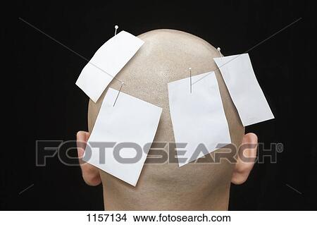 Blank notes pinned to the head of a man View Large Photo Image Picture - Blank notes pinned to the head of a man. Fotosearch