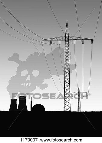 Electric pylons beside nuclear power station releasing smoke resembling a skull View Large Photo Image Stock Photo - Electric pylons beside nuclear power station releasing smoke resembling a skull. Fotosearch