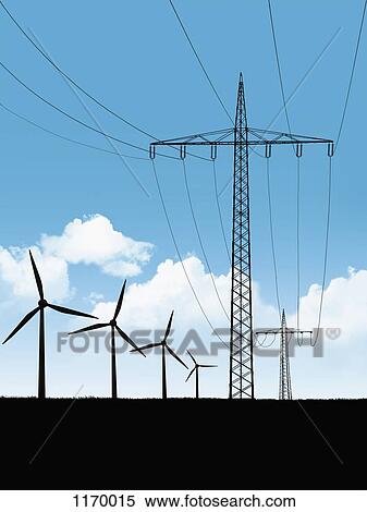Electricity pylons and wind turbines View Large Photo Image Stock Photography - Electricity pylons and wind turbines. Fotosearch