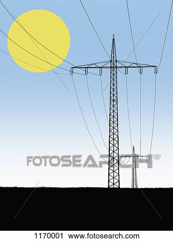 Stock Image - Electricity pylons with sun in background . Fotosearch