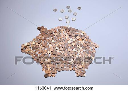 Stock Image - Euro coins falling into a piggy bank made from arranged European coins. Fotosearch