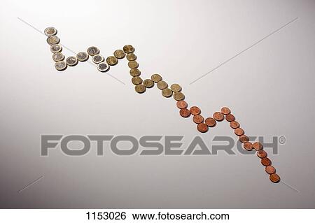 Stock Photograph - European Union coins arranged in a decreasing line graph. Fotosearch