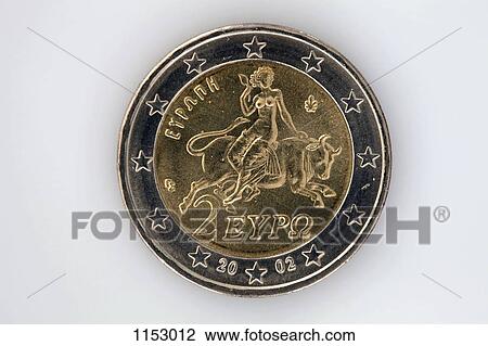 Stock Image - Rear view of a two Euro coin with image of Europa riding a bull. Fotosearch