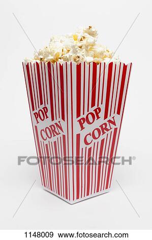 Stock Photo - Studio shot of a red striped carton of popcorn with Popcorn printed on it. Fotosearch