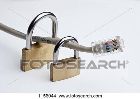 Two padlocks around an Ethernet cable View Large Photo Image Picture - Two padlocks around an Ethernet cable. Fotosearch