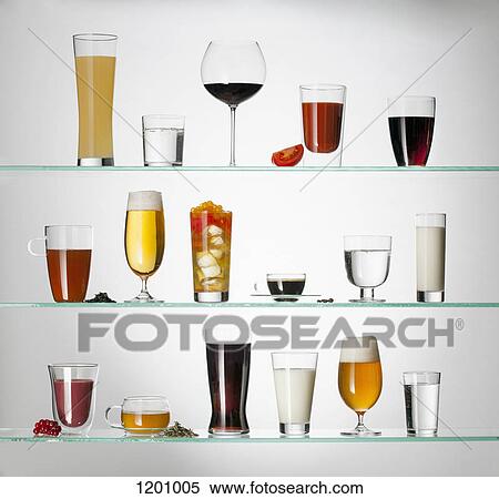 A collection of various types of drinking glasses filled with a variety of beverages View Large Photo Image Stock Photography - A collection of various types of drinking glasses filled with a variety of beverages. Fotosearch
