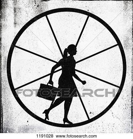 Stock Photo - A determined looking businesswoman jogging on an exercise wheel. Fotosearch