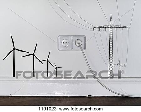 A plug in an outlet in between decals of wind turbines and electricity pylons View Large Photo Image Stock Image - A plug in an outlet in between decals of wind turbines and electricity pylons. Fotosearch