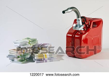 A red metal gas can next to stacks of large billed Euro banknotes View Large Photo Image Stock Photo - A red metal gas can next to stacks of large billed Euro banknotes. Fotosearch