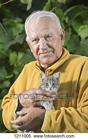 A senior man holding a kitten View Large Photo Image Stock Photography - A senior man holding a kitten. Fotosearch