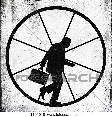 Stock Photo - A tired looking businessman jogging on an exercise wheel. Fotosearch