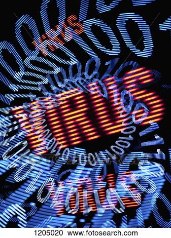 Stock Image - Blue binary code spiraling down onto the word virus repeated three times. Fotosearch