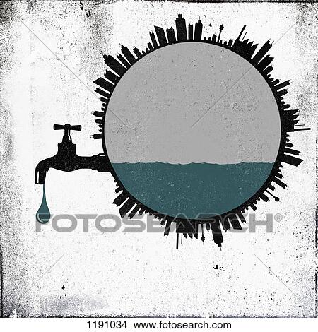 Buildings in a circle, around the world with a faucet dripping water View Large Photo Image Picture - Buildings in a circle, around the world with a faucet dripping water. Fotosearch