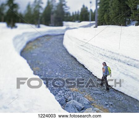 Stock Image - Female hiker walking through clear pathway on Mount Seymour, Vancouver, Canada. Fotosearch