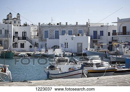 Fishing boats moored in marina in Paros, Greece View Large Photo Image Stock Photo - Fishing boats moored in marina in Paros, Greece. Fotosearch