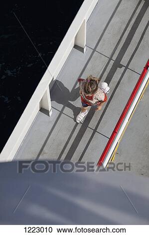 Stock Image - Girl crossing walkway bridge. Fotosearch