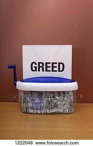Money being shredded with the word 'greed' on top of the page View Large Photo Image Stock Photo - Money being shredded with the word 'greed' on top of the page. Fotosearch