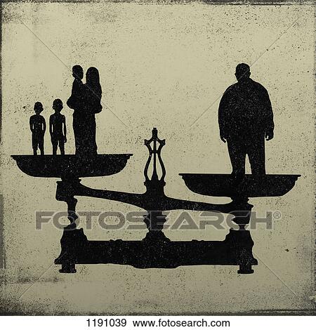 Silhouette of a big man on one end of a scale and a women and kids on the other View Large Photo Image Stock Photo - Silhouette of a big man on one end of a scale and a women and kids on the other. Fotosearch