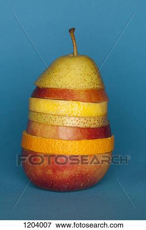 Stock Photo - Slices of different fruit stacked to comprise the shape of a piece of fruit. Fotosearch