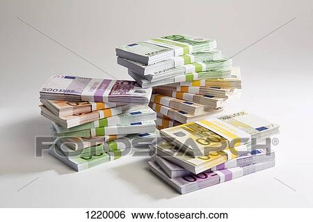 Stacks of large billed Euro banknotes View Large Photo Image Stock Photograph - Stacks of large billed Euro banknotes. Fotosearch