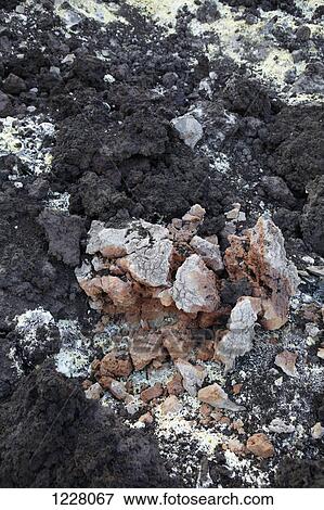 Stock Photo - Sulfur deposits from a Solfatara, or sulfuric fumarole, Anak Krakatau volcano, full frame. Fotosearch