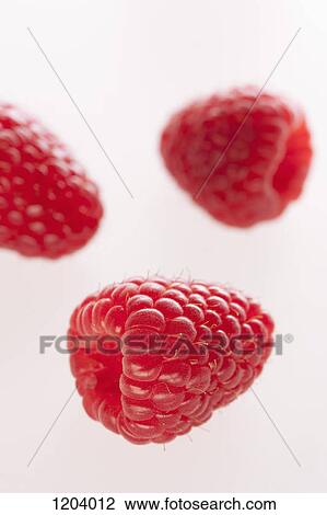 Stock Image - Three raspberries arranged on a white background. Fotosearch