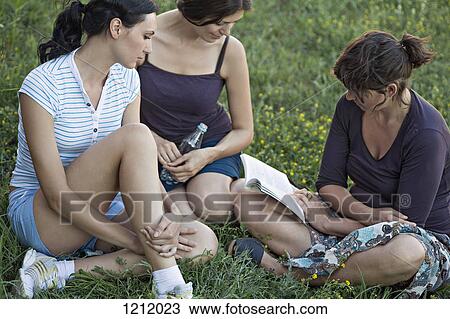 Two friends in a park listening to their friend read from a book View Large Photo Image Stock Image - Two friends in a park listening to their friend read from a book. Fotosearch