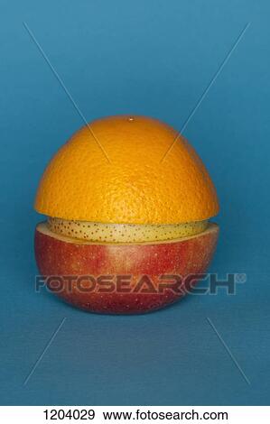 Stock Photo - Uneven slices of different fruit stacked to comprise the shape of a piece of fruit. Fotosearch
