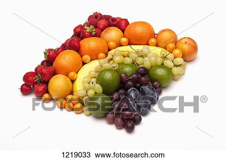 Stock Image - Various fresh fruits arranged into the shape of square. Fotosearch