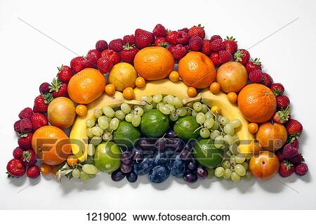 Stock Image - Various fruits arranged into the shape of a rainbow. Fotosearch