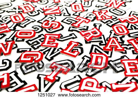 Stock Photo - A bunch of varsity font sticker letters and numbers in red and black outline. Fotosearch