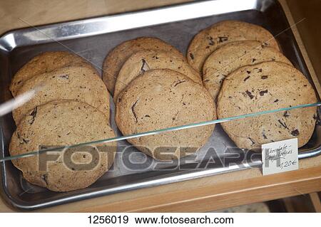 A tray of chocolate chip cookies in a display cabinet in a coffee shop View Large Photo Image Stock Photo - A tray of chocolate chip cookies in a display cabinet in a coffee shop. Fotosearch