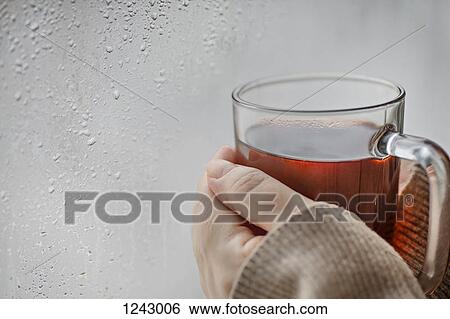 Human hands holding a mug of tea next to a window with condensation on it View Large Photo Image Stock Photograph - Human hands holding a mug of tea next to a window with condensation on it. Fotosearch