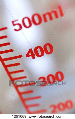 Stock Photo - Milliliter measurements on the side of a liquid measuring cup, extreme close up. Fotosearch