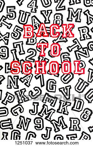Stock Photo - Red outlined varsity font stickers spelling Back To School on top of black outlined letters. Fotosearch