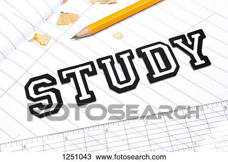 Varsity font stickers spelling out Study atop a lined paper notebook with ruler and pencil View Large Photo Image Stock Image - Varsity font stickers spelling out Study atop a lined paper notebook with ruler and pencil. Fotosearch