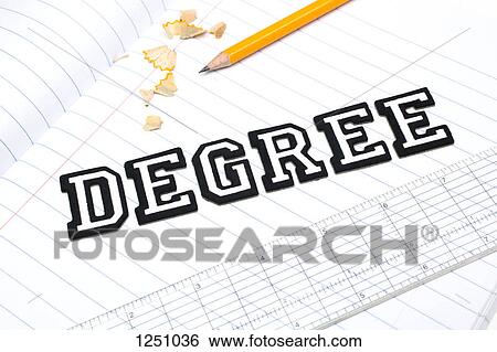 Stock Photograph - Varsity font stickers spelling out Degree atop a lined paper notebook with ruler and pencil. Fotosearch