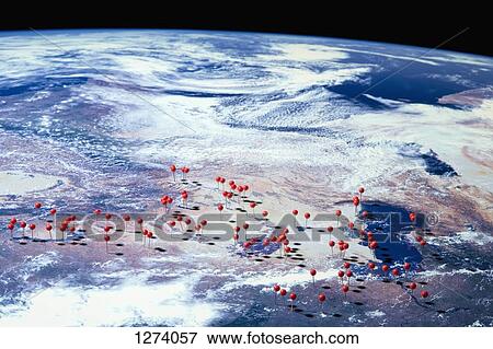 A satellite view of Earth with straight pins at various locations, digital composite View Large Photo Image Stock Photo - A satellite view of Earth with straight pins at various locations, digital composite. Fotosearch
