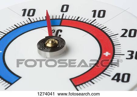 Stock Image - Extreme close up of a thermometer showing a temperature of minus 5 Celsius. Fotosearch