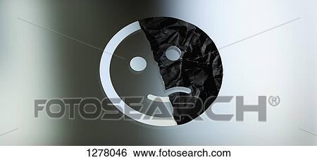 Stock Photograph - Graphic of a face half smiling and half sad against a gradient background. Fotosearch