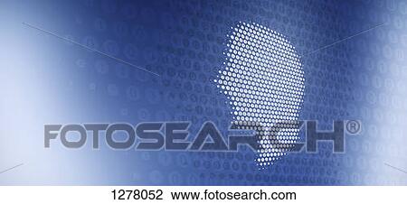 Stock Image - Graphic of a man in profile against a background of letters and light. Fotosearch