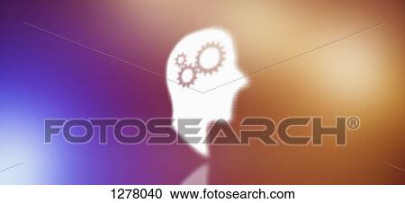 Graphic of a man in profile with a cogs in his head View Large Photo Image Stock Image - Graphic of a man in profile with a cogs in his head. Fotosearch