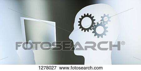 Graphic of a man in profile with a cogs in his head looking at a tablet View Large Photo Image Stock Photo - Graphic of a man in profile with a cogs in his head looking at a tablet. Fotosearch