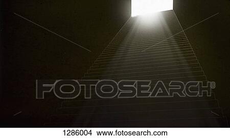 Picture - Stairs leading up to a brightly illuminated doorway. Fotosearch