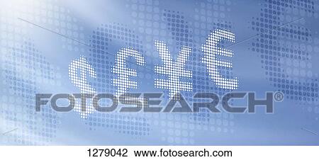 Stock Image - Various international currency symbols reflected against abstract surface. Fotosearch
