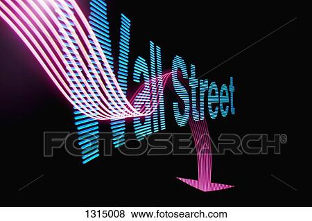 Stock Photo - Down arrow sign and text 'Wall Street' with light effect. Fotosearch