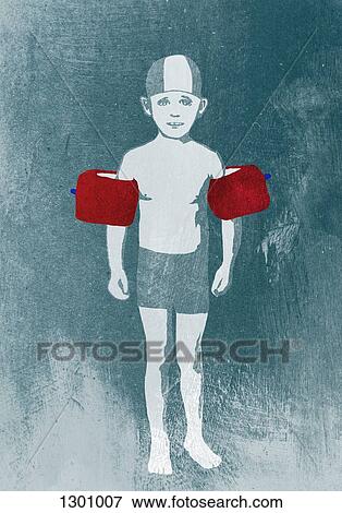 Illustration of a worried looking boy wearing water wings View Large Photo Image Stock Photo - Illustration of a worried looking boy wearing water wings . Fotosearch